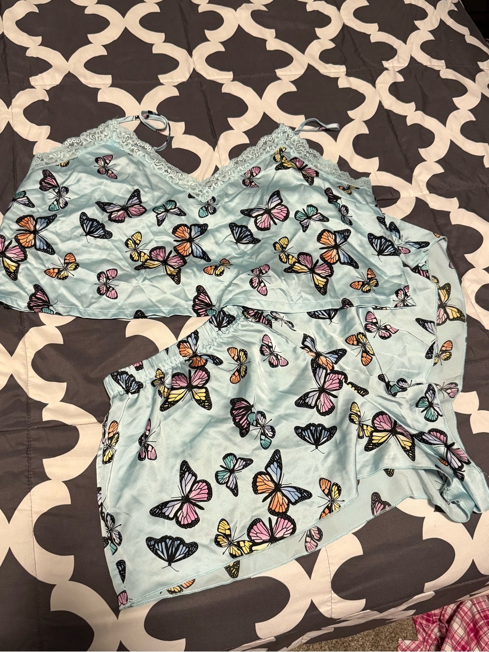 Butterfly Print Satin Pajama Set - Light Blue
